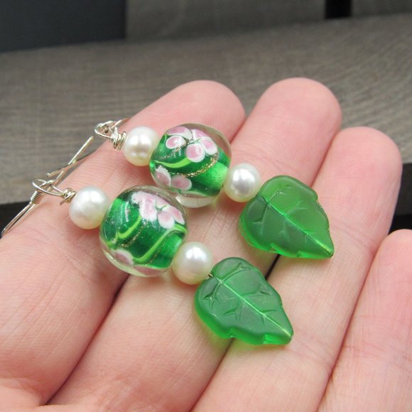 Sterling Silver Glass Floral Leaf Pearl Earrings - Picture 2 of 5